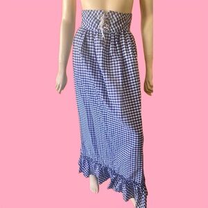 Vintage 1960s 70s Blue And White Country Gingham Maxi Skirt